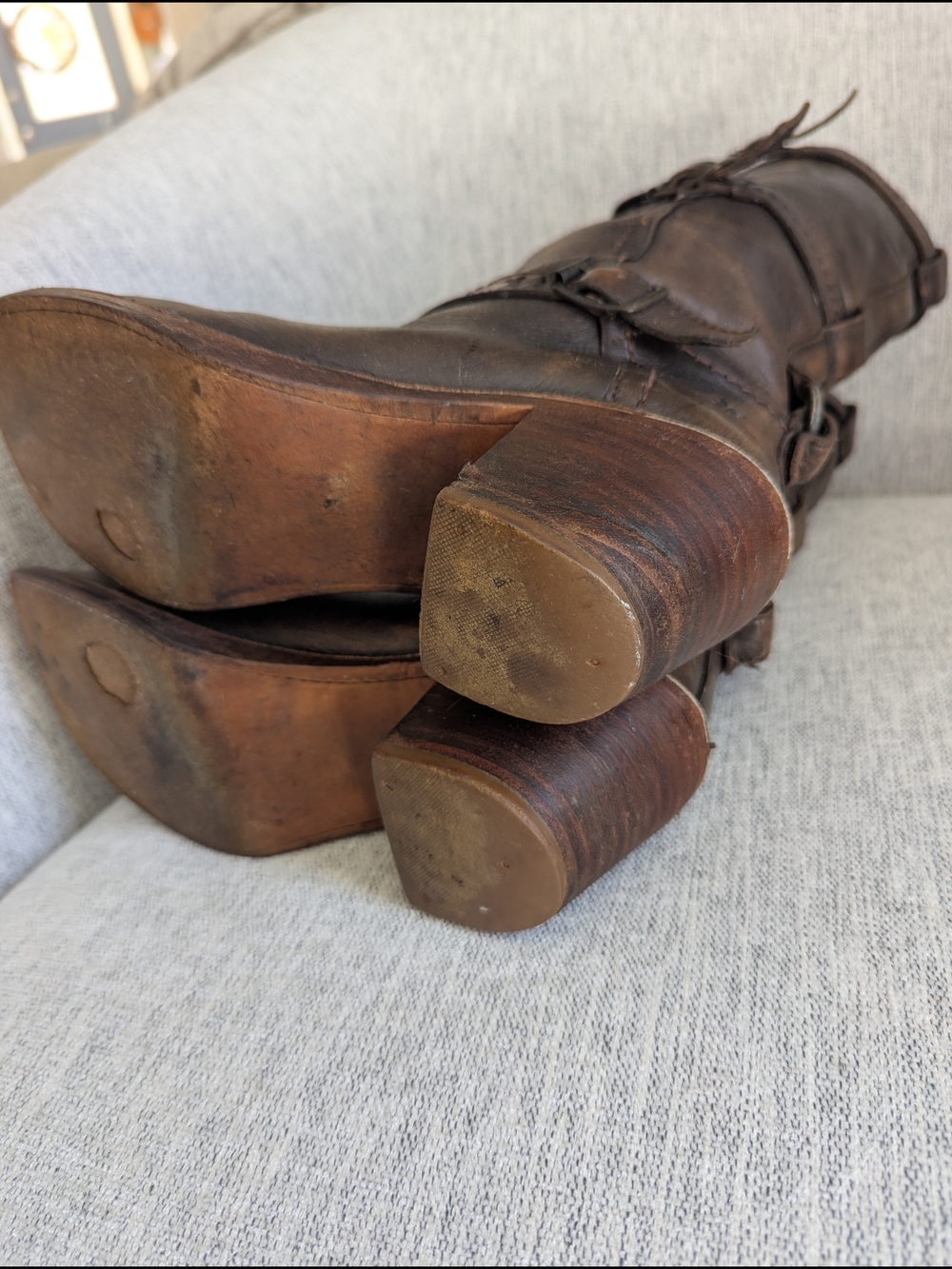 Frye Distressed Brown Leather Mid-Calf Buckle Heeled Boots - Picture 6 of 9
